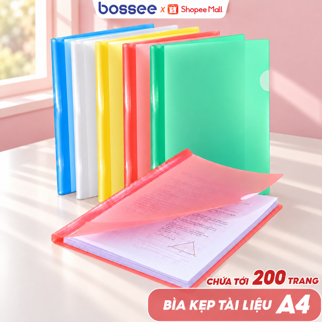 Bìa Kẹp Tài Liệu A4 Dày 28mm, File Tài Liệu Rút Gáy 5 Màu Chứa Tới 200 Trang Bossee