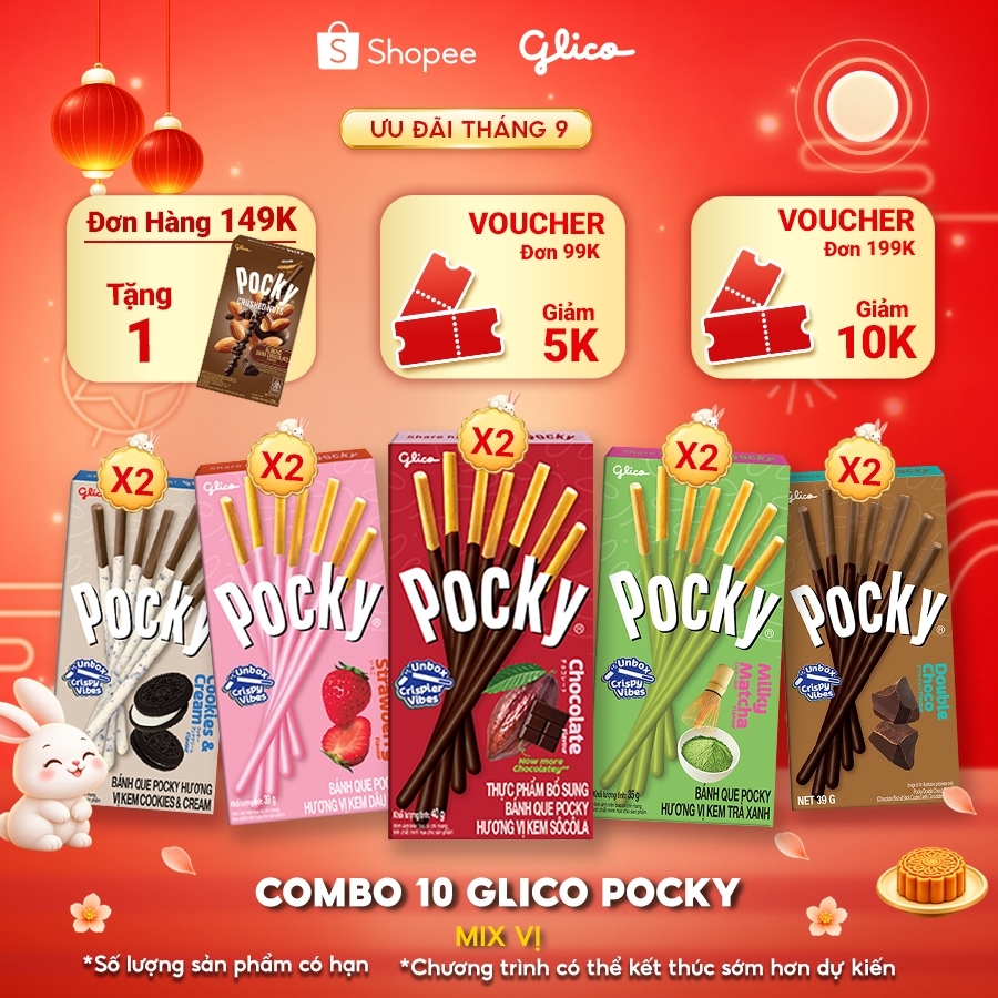 Combo 10 hộp Bánh que Glico Pocky nhiều vị (2 Matcha - 2 Socola - 2 Dâu - 2 Double Choco - 2 Cookies & Cream)