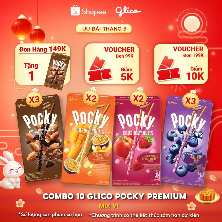 Combo 10 Hộp bánh que Pocky Cao Cấp Trái Cây Nghiền Sữa Chua mix vị (3 Việt quất - 3 Dark choco- 2 Dâu đào- 2 Chanh dây)