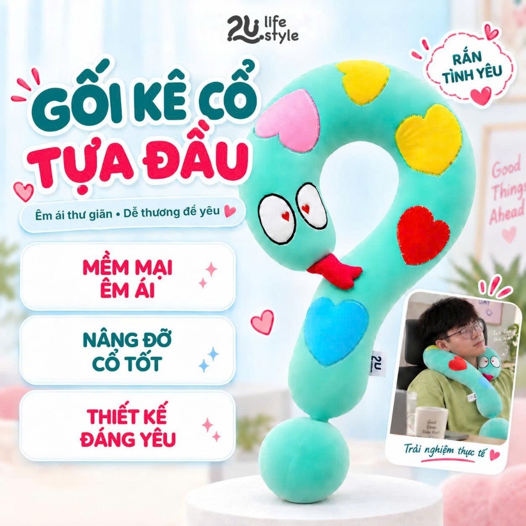Gối Tựa Đầu "?" Rắn Tình Yêu 2U.Lifestyle Vải Mềm Mịn Êm Ái Dùng Để Tựa Cổ Thư Giãn Decor Du Lịch