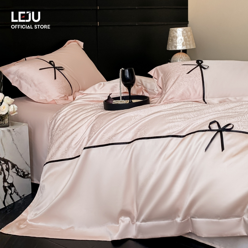 Bộ Chăn Ga Gối Tencel Jacquard  LEJU Set 4 Món Vỏ Chăn Drap Chun  Combo Ga Giường Và Vỏ Gối 1M6 1M8