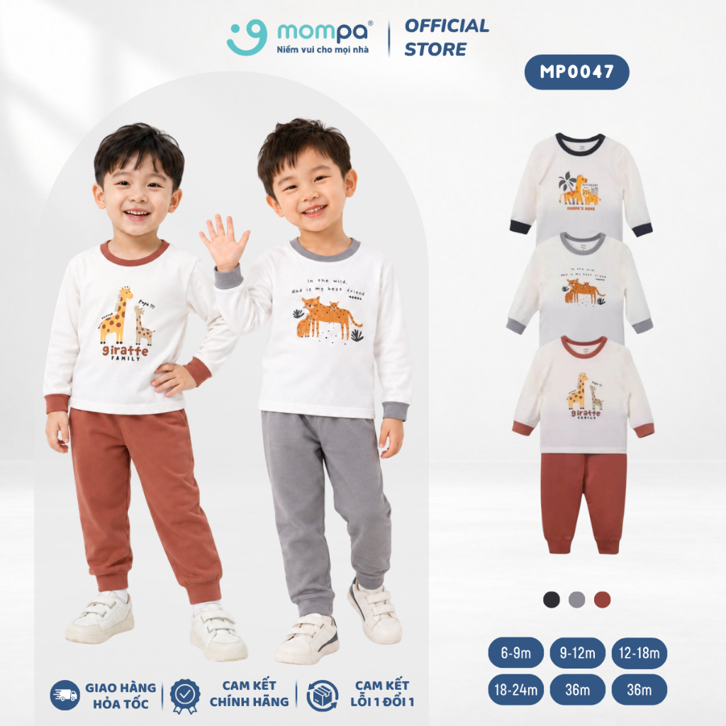 Bộ dài tay bé trai Mompa 6 tháng - 4 tuổi vải Sợi tre Bamboo - Modal mềm mịn co giãn 0049 MP