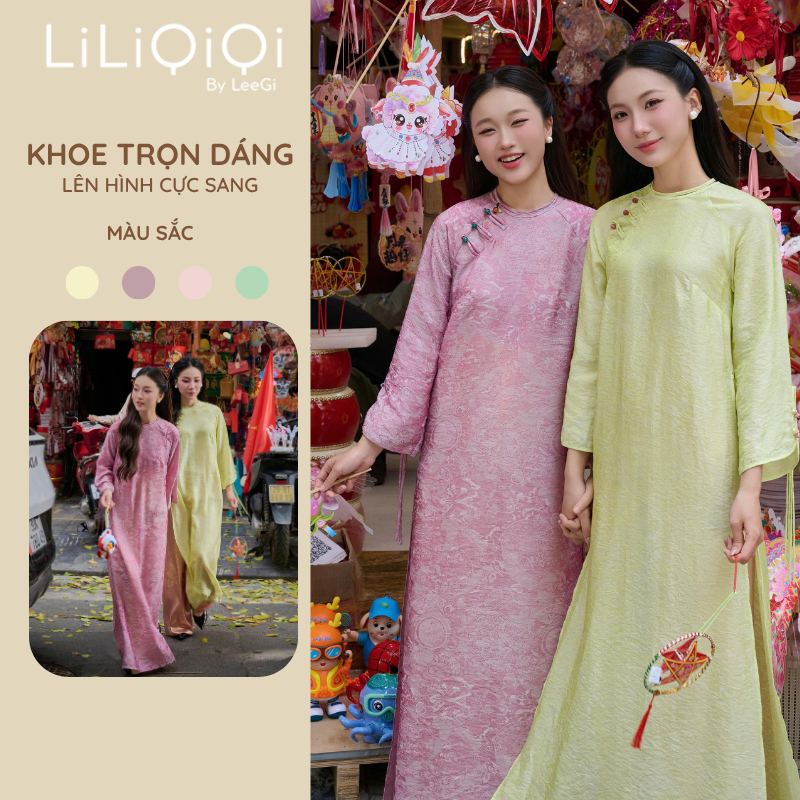 Áo Dài Truyền Thống Vải Tơ Ánh Kim Mềm Mại Thanh Lịch LiLiQiQi By LeeGi - AD04