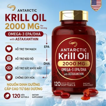 Dầu Nhuyễn Thể Vitamins Khoáng Chất Antarctic Krill Oil 2000mg Lọ 120 Viên Omega-3 EPA, DHA Hàng USA