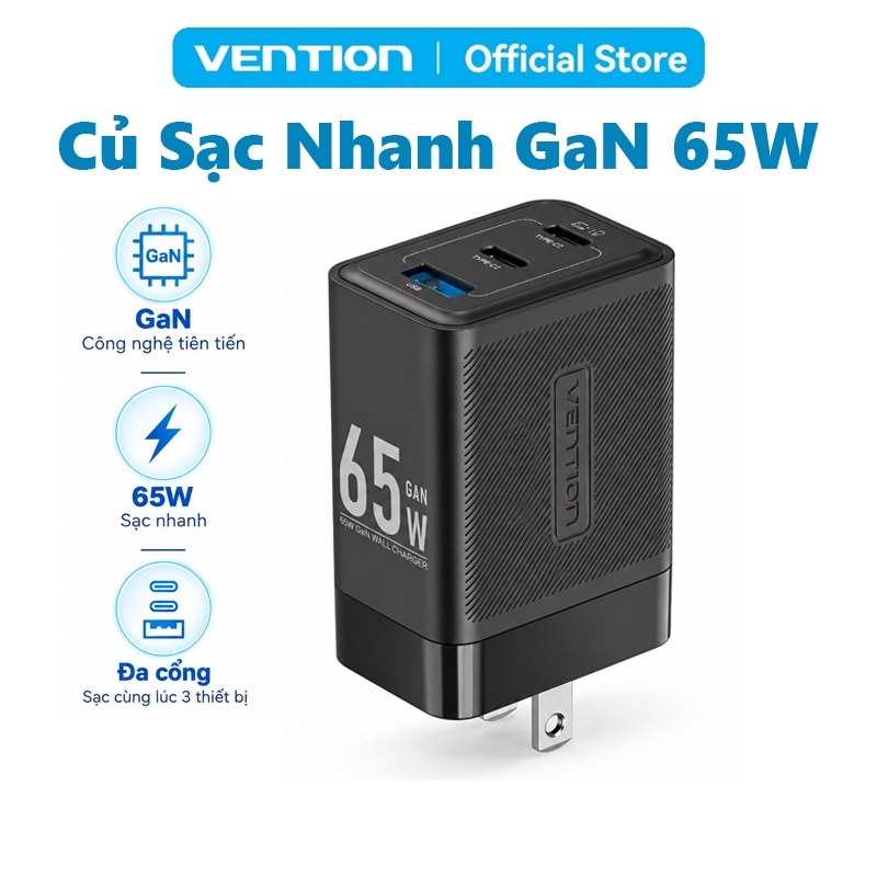 Củ Sạc Nhanh Vention GaN 65W, 3 Cổng 2 USB-C 1 USB-A,  PD 3.0 Cho Phone Samsung Pad MacBok