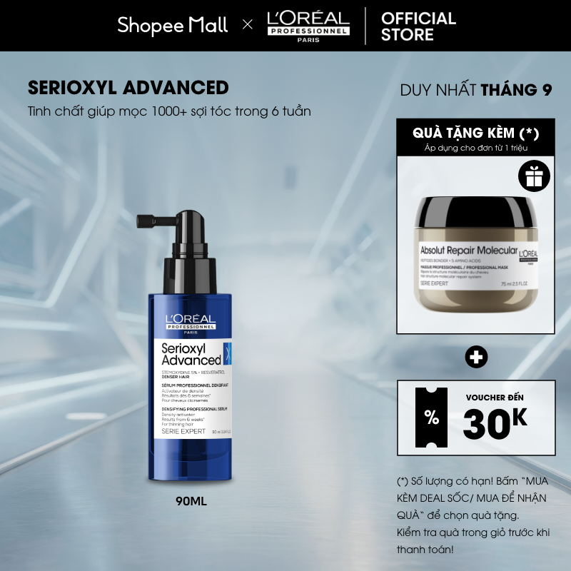 Tinh chất xịt tăng mật độ làm dày tóc chuyên nghiệp L'Oréal Professionnel Serioxyl Advanced 90ml - Dành cho tóc thưa