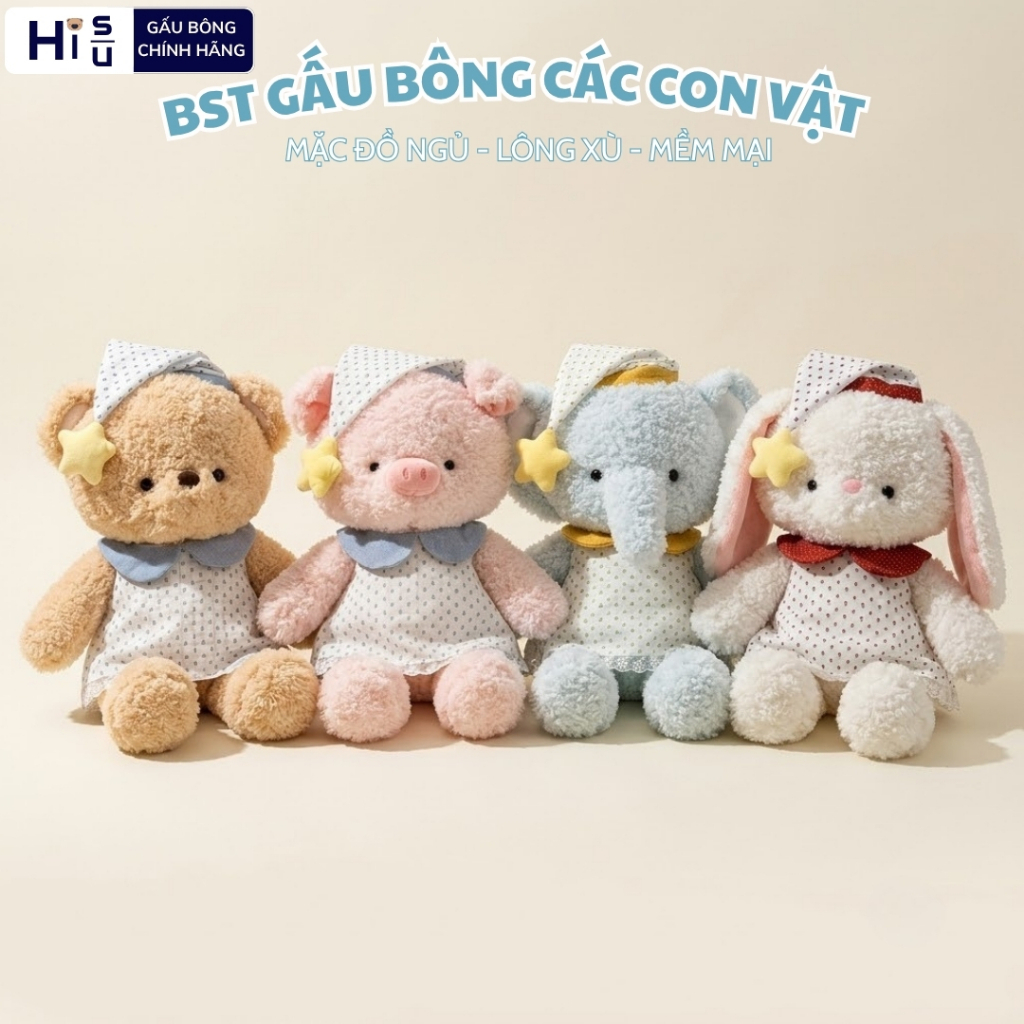 Gấu Bông Chạy Bộ Hình Các Con Vật Mặc Đồ Ngủ Đáng Yêu, Thú Nhồi Bông Heo Voi Thỏ Teddy Lông Xù Quà Tặng Ngủ Ngon Cho Bé