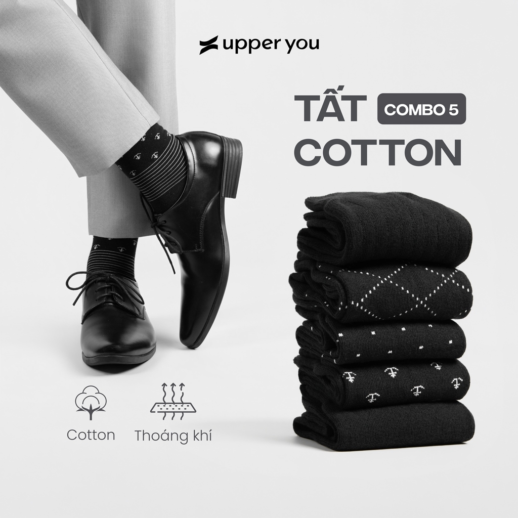 [TẶNG QUÀ ĐƠN 299K] Combo 5 Tất Vớ Nam Giày Tây Công Sở Cổ Cao Cotton UPPER YOU Dày Dặn Êm Ái Thoáng Khí Khử Mùi-BSM4000