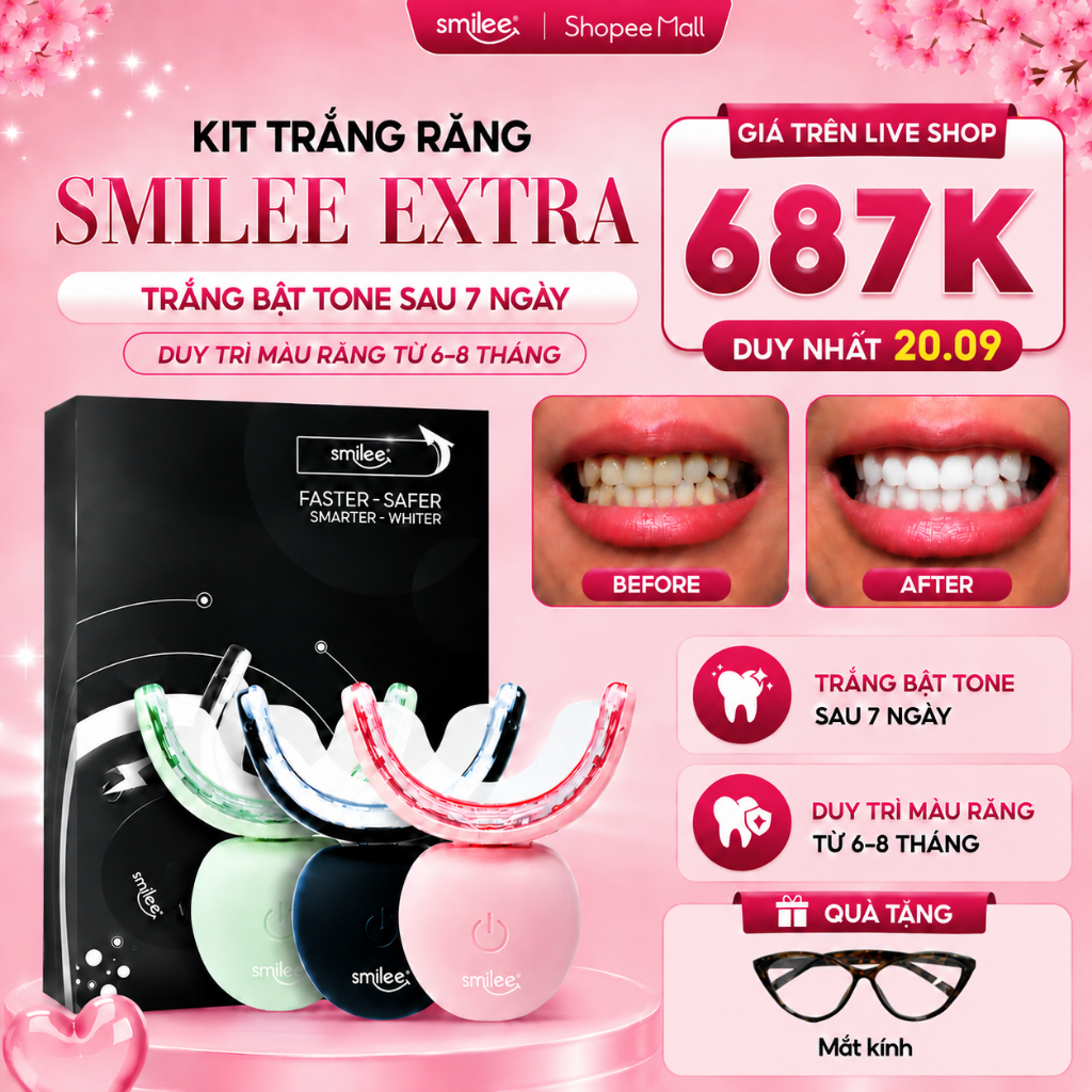 [GIÁ 631K TẠI LIVE SHOP] Trắng răng SMILEE EXTRA, bộ kit làm trắng răng từ 2-6 tone tại nhà, bộ quà tặng cho nữ, LIS