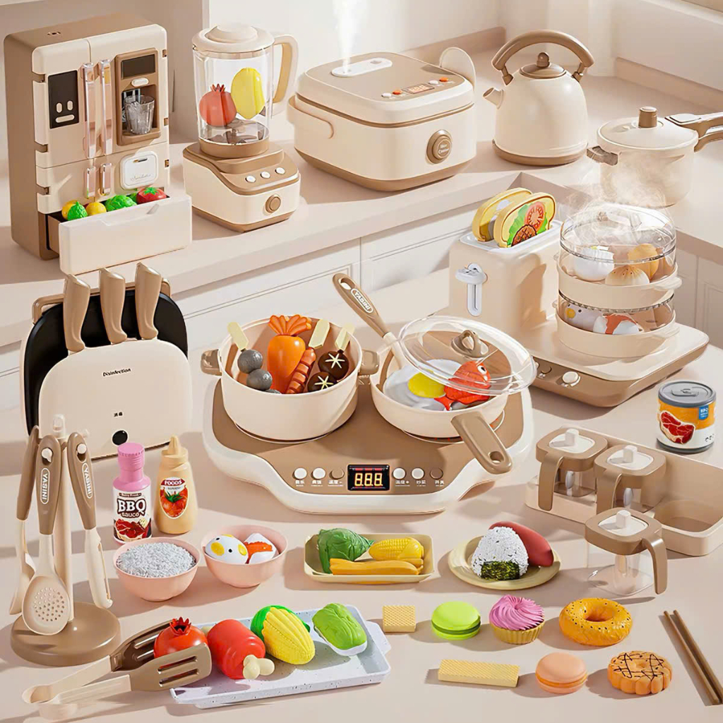Bộ đồ chơi nấu ăn nhà bếp cho bé  có nồi cơm điện, bếp từ, máy nướng bánh mì,máy say, hiệu ứng khói, âm thanh
