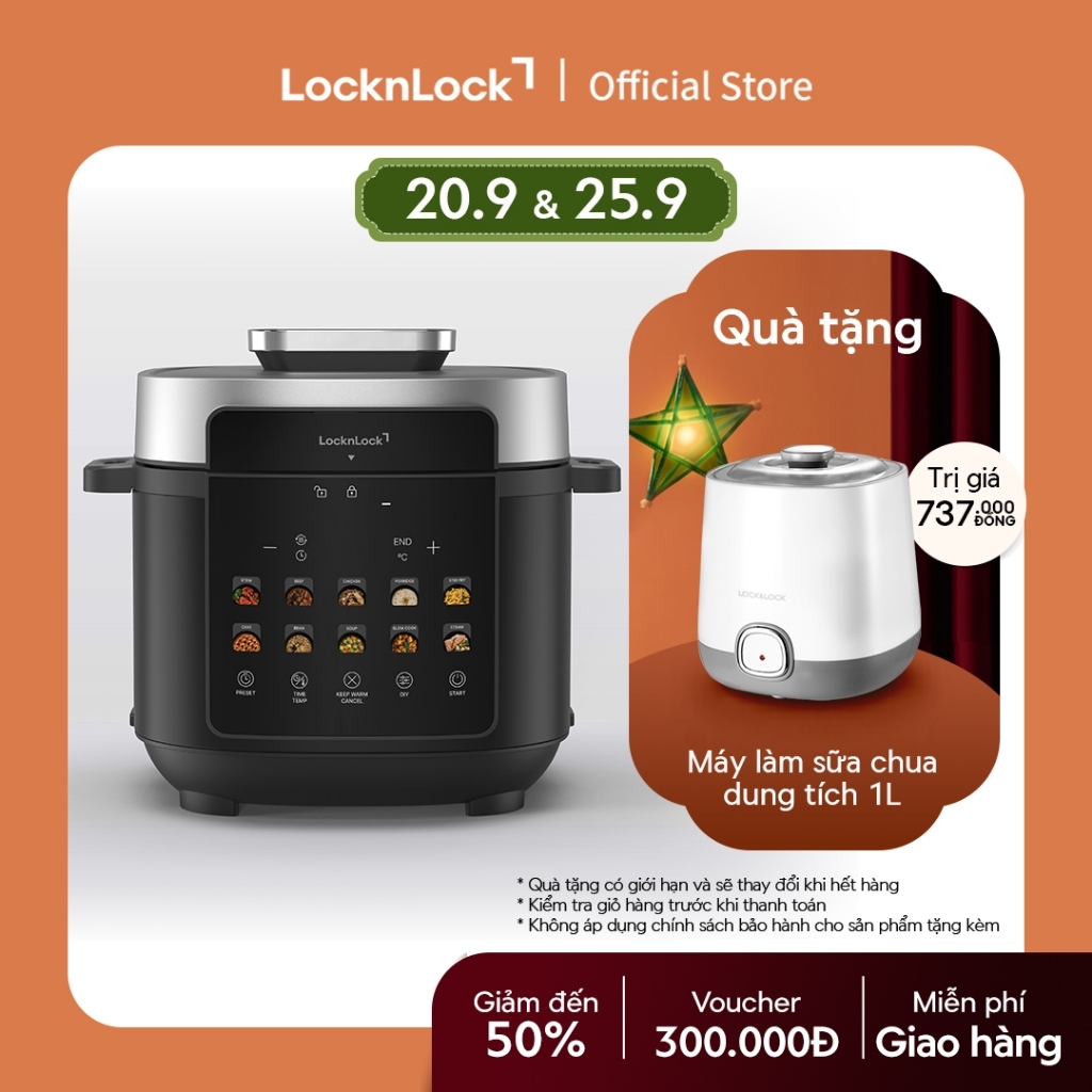 Nồi Áp Suất Điện Tử Đa Năng Locknlock Electric Pressure Cooker 10 Chế Độ Nấu Thông Minh EJP678BLK 6L - Màu đen