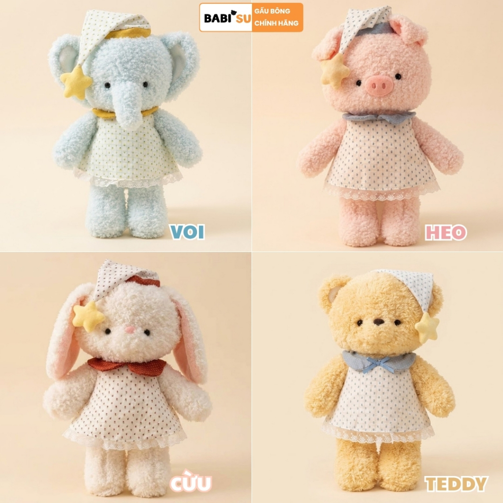Gấu Bông Heo Voi Thỏ Teddy Mặc Đồ Ngủ Đáng Yêu, Thú Nhồi Bông Con Vật Chạy Bộ Lông Xù Mềm Mại Quà Tặng Ngủ Ngon