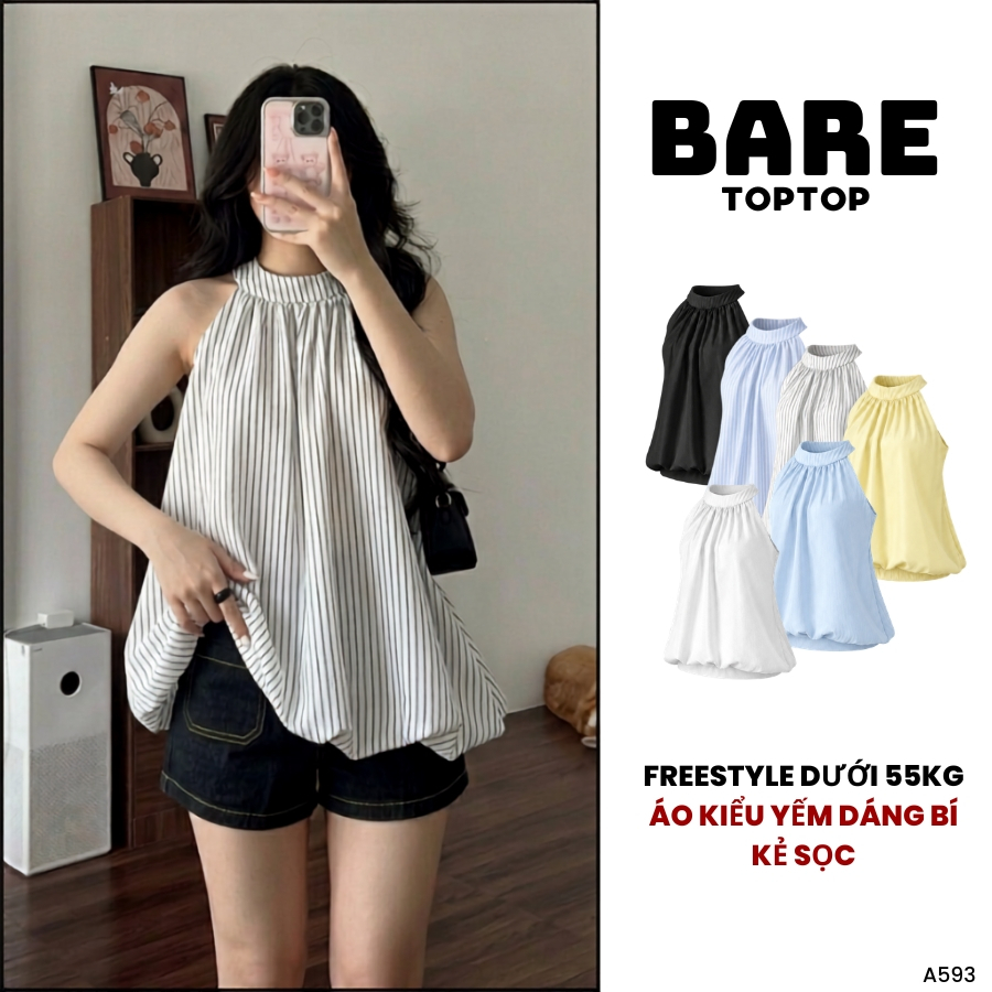 𝐁𝐀𝐑𝐄𝐓𝐎𝐏𝐓𝐎𝐏_Áo Cổ Yếm Nữ Dáng Bí Trứng Phồng Họa Tiết Kẻ Sọc Caro Xinh Xắn Gợi Cảm Sang Trọng_A593