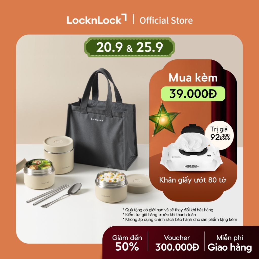 Bộ hộp cơm giữ nhiệt Lock&Lock Pump Vacuum Lunch Box (300ml*2, 500ml*1, bộ đũa và thìa, túi) LHC8052S02