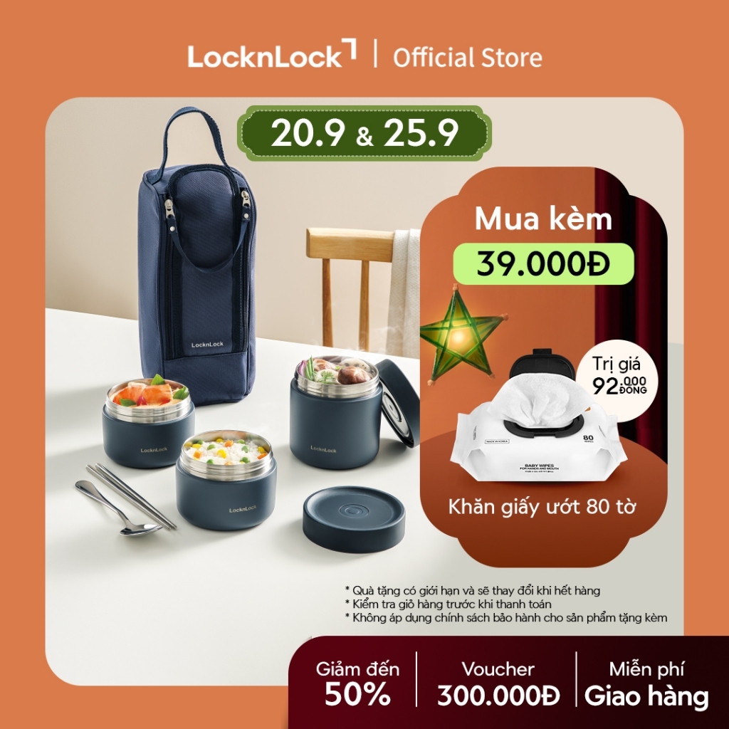 Bộ hộp cơm giữ nhiệt Lock&Lock Pump Vacuum Lunch Box (300ml*2, 500ml*1, bộ đũa và thìa, túi) LHC8052S01