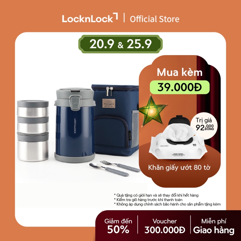 Bộ hộp cơm giữ nhiệt kèm muỗng nĩa Lock&Lock Easy Carry 2.0L LHC8039