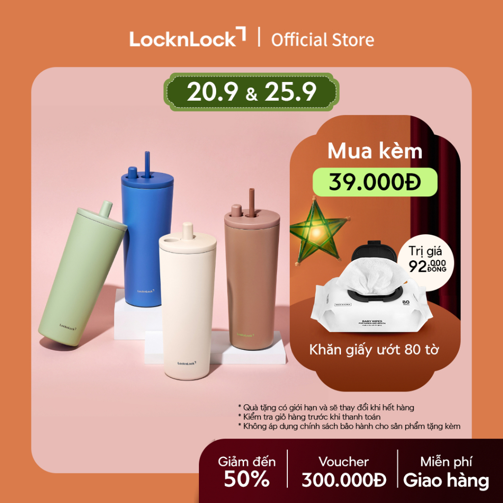 Bình giữ nhiệt LocknLock Pop Up Straw Ceramic Tumbler LHC4156 phủ sứ 740ml kèm ống hút - 4 màu