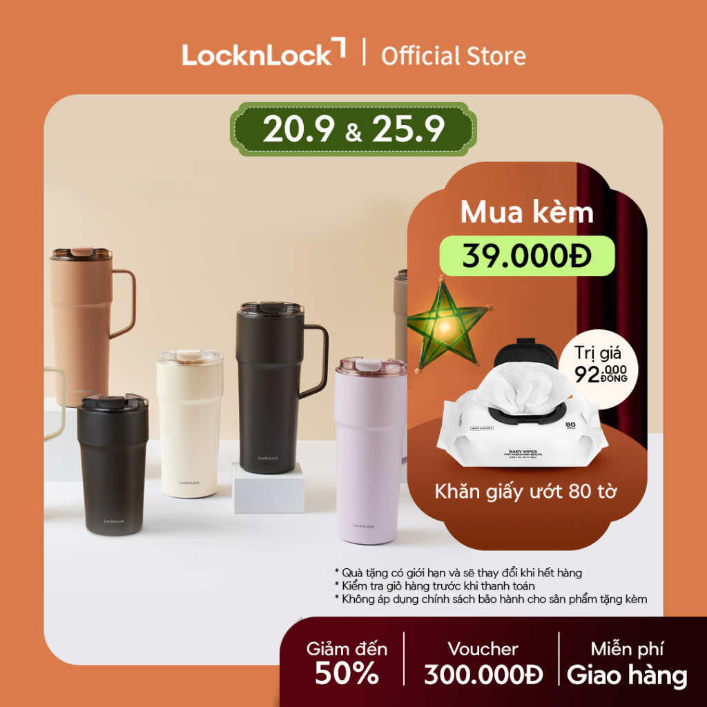 Bình giữ nhiệt LocknLock Metro Cafe Tumbler 650ml / 500ml / 750ml bằng thép không gỉ 304 phủ sứ kèm dây xách