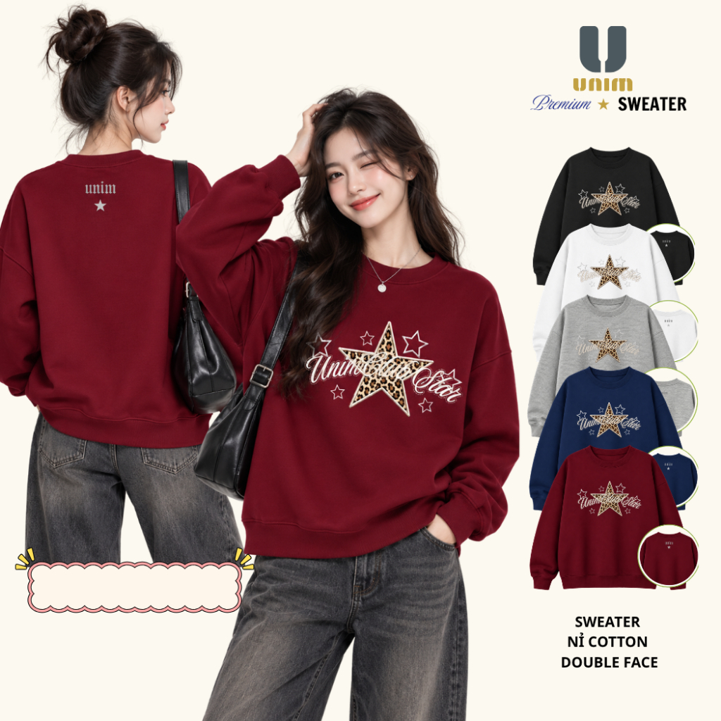 [Hỏa Tốc HNoi] Áo Sweater Ngôi Sao Star Unim Fashion Cổ Tròn Dài Tay Dáng Rộng Chất Liệu Nỉ 2 Da Cotton Mịn
