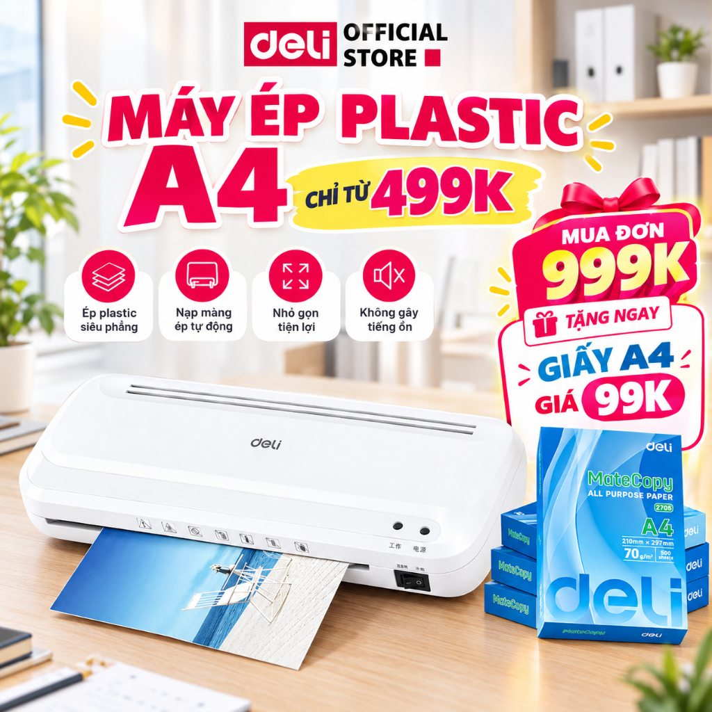 [TẶNG GIẤY A4] Máy Ép Plastic DELI Khổ A4 A5 A6 Máy Ép Nhiệt Nhựa Dẻo, Máy Cán Màng Ảnh, Tài Liệu, Bằng Khen, Posters