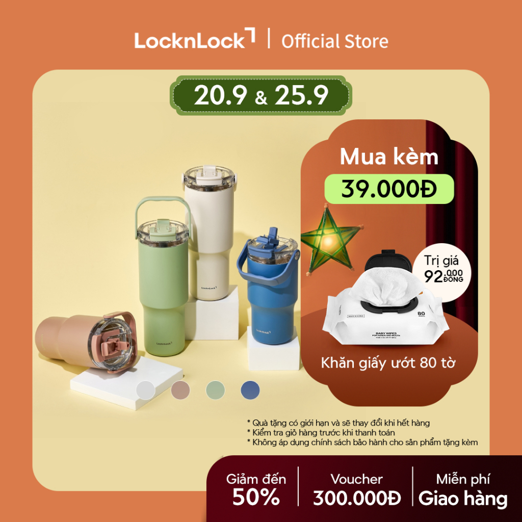 Bình giữ nhiệt LocknLock Straw & Sip Ceramic Tumbler phủ sứ LHC4430 600ml / LHC4431 880ml kèm ống hút