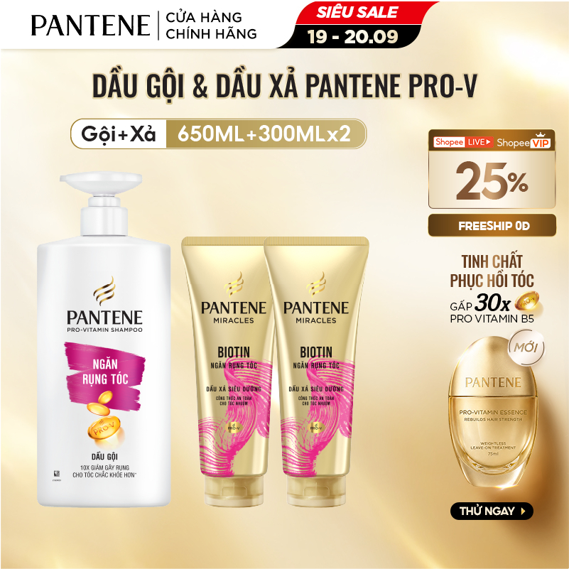 Combo Dầu Gội PANTENE Pro-V Và Dầu Xả Siêu Dưỡng Ngăn Rụng Tóc - Chai 650ML & 300MLx2
