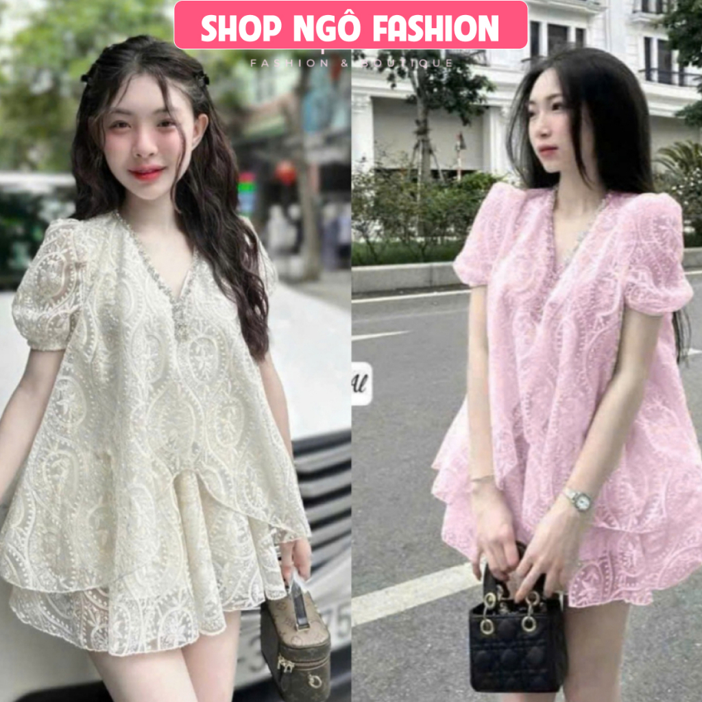 Set váy ngắn - Set ren thêu hoa 2 lớp đính đá cổ chữ V tay bồng 2 màu xinh iu form babydoll cho nàng đi chơi