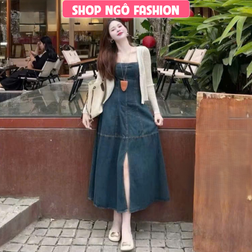 Đầm jean dài - Đầm jean 2 dây dáng dài xẻ tà phối  khoác thun giấy tay dài cho nàng dạo phố cực xinh