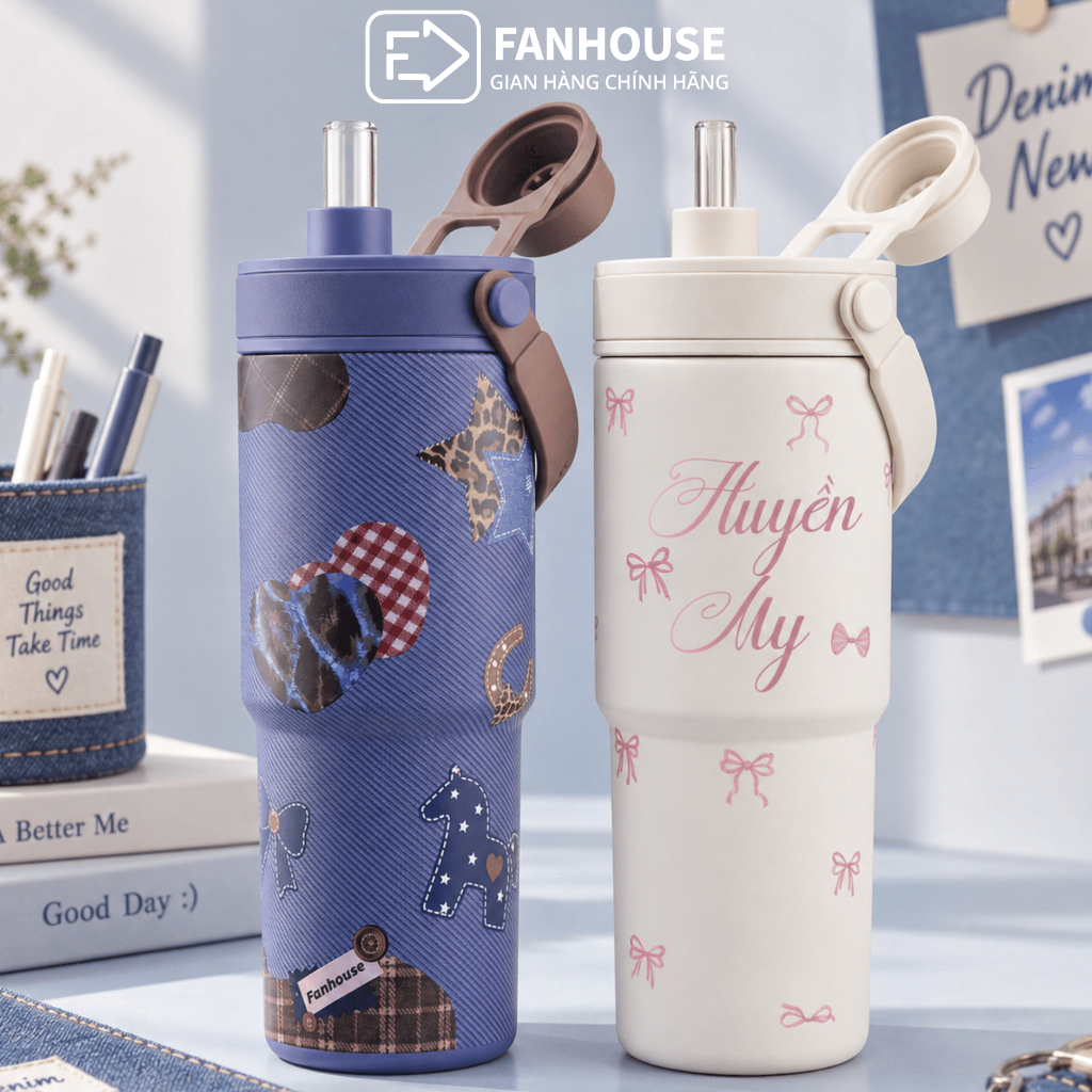 Ly giữ nhiệt Simply Inox 316 Phủ Sứ 735ml ống hút thủy tinh, cốc giữ nhiệt Fan House khắc tên