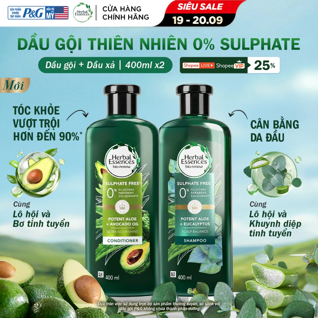 [MỚI] Combo 2 Dầu Gội Xả Thiên Nhiên HERBAL ESSENCES Tinh Chất Thực Vật Thật Từ Lô Hội/ Bơ/ Bạch Đàn Chai 400ML