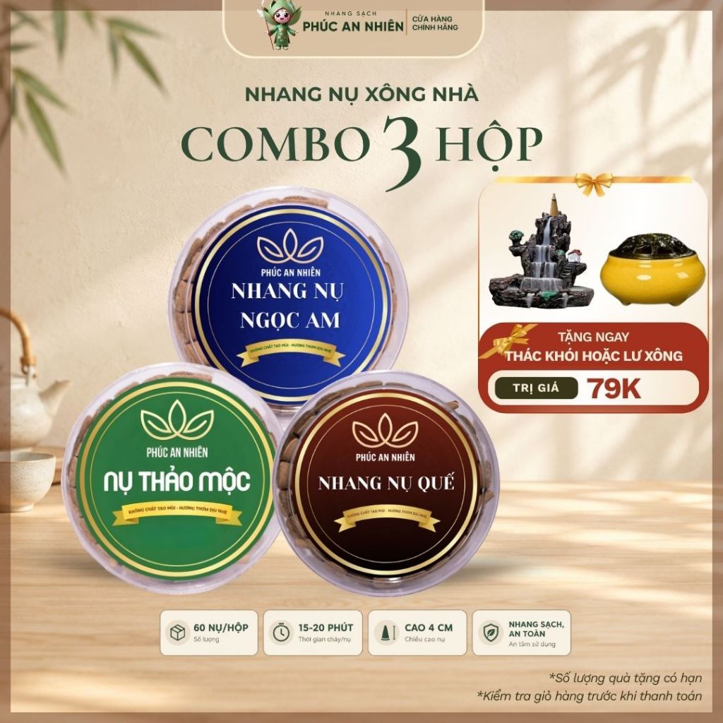 [Tặng Thác Khói/Lư Xông] Combo 3 Hộp Nhang Nụ Quế/Thảo Mộc/Ngọc Am - Phúc An Nhiên, Nhang Xông Nhà Xua Muỗi Thiền Định