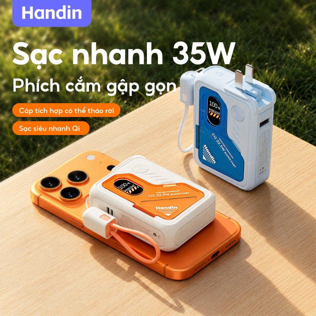 【CCC+Qi】Handin Pin Sạc Dự Phòng 30000mAh 22.5W | 35W 5 Trong 1 Sạc Không Dây Tích Hợp 2 Dây Type-C + Đầu L Giá Đỡ Điện
