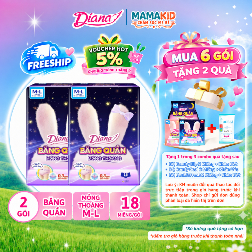 (COMBO 2 GÓI) Băng vệ sinh quần Diana Comfy Night Mỏng Thoáng M-L 18 Miếng/Gói Siêu Mỏng Chỉ 0.3 cm Tiết Kiệm