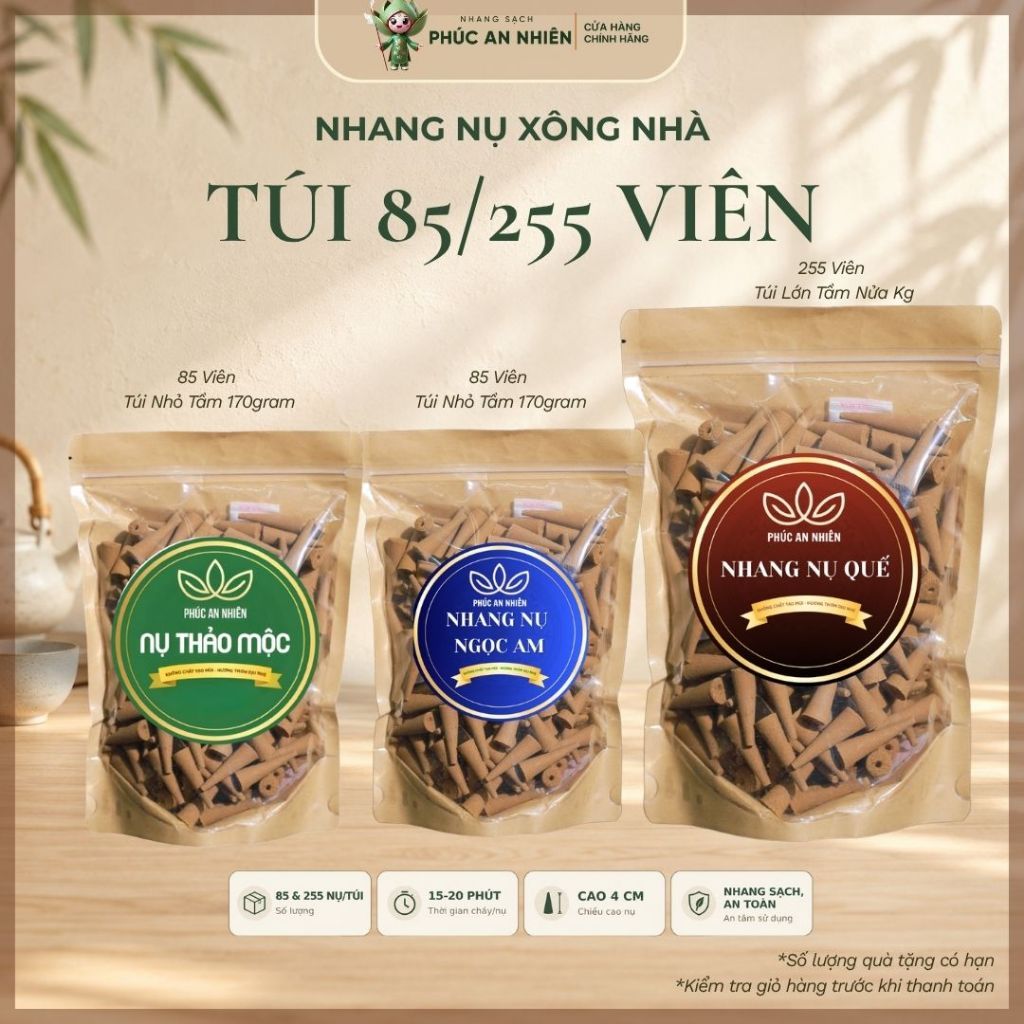 Nhang Nụ Tự Nhiên Phúc An Nhiên – Túi 85 Viên / 255 Viên – Quế | Thảo Mộc | Ngọc Am – Dịu Nhẹ, Ít Khói, Không Hóa Chất