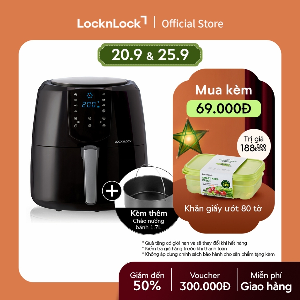 Nồi Chiên Không Dầu Lock&Lock Jumbo Plus Air Fryer 5.2L Màu-đen EJF357BLK 8 menu sẵn, giảm chất béo, giữ ấm