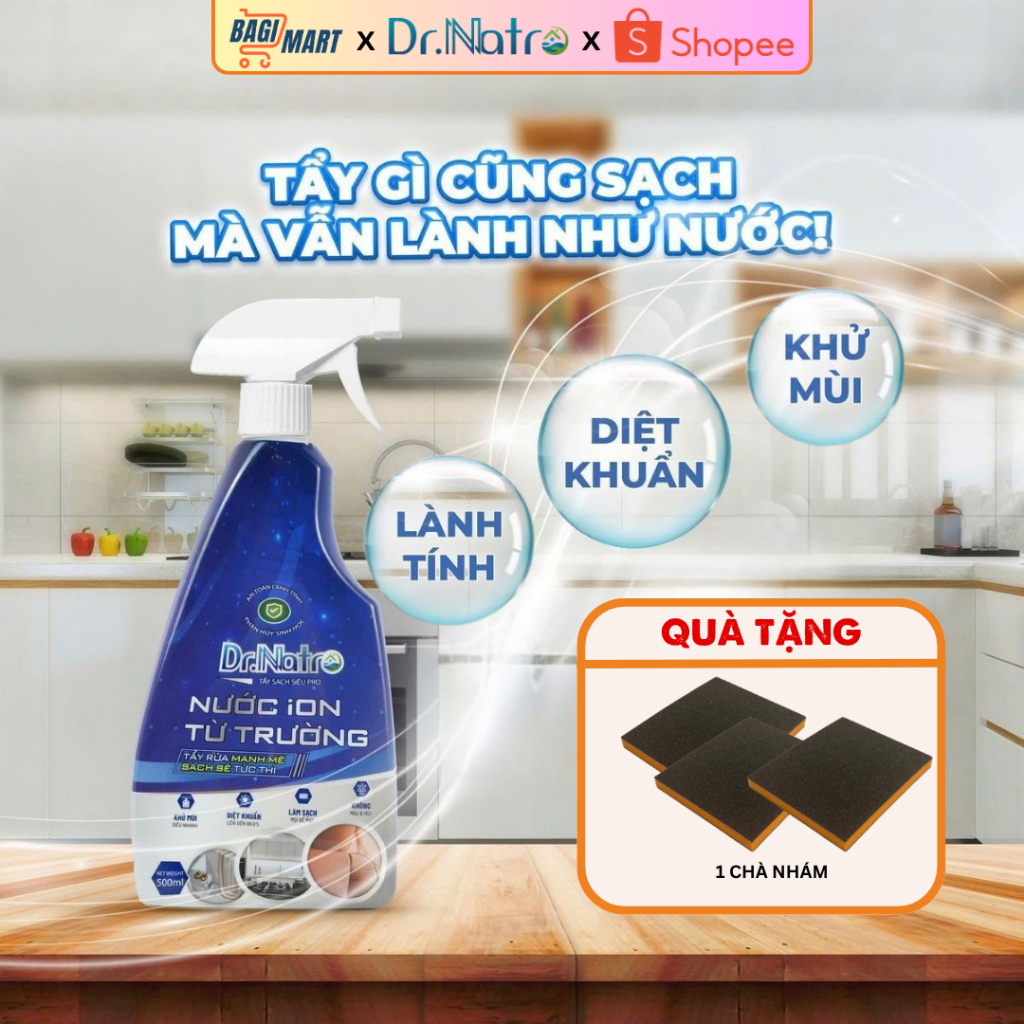 Chai Siêu tẩy đa năng Dr Natro 500ml công nghệ ion từ trường - Tẩy siêu sạch mọi viết bẩn, vết ố, nhọ nồi