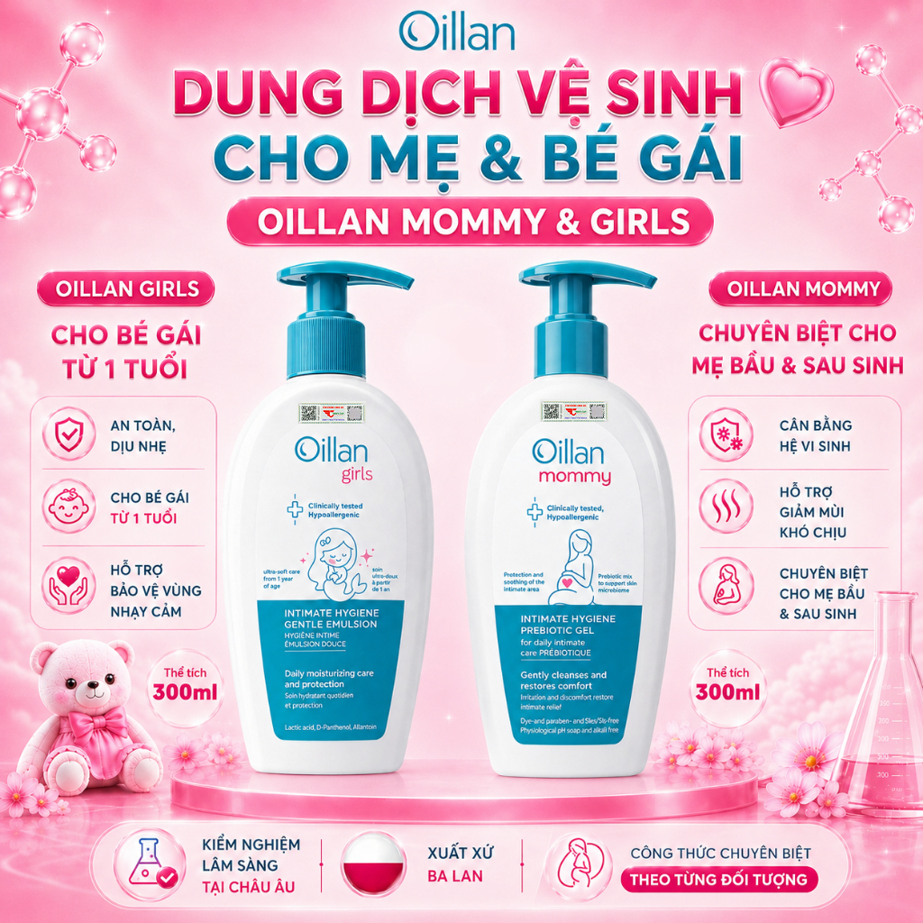 [COMBO MẸ & BÉ] Dung Dịch Vệ Sinh Cho Mẹ Bầu & Sau Sinh OILLAN MOMMY và Bé Gái OILLAN GIRL 300ml - Bảo Vệ Mẹ Nâng Niu Bé