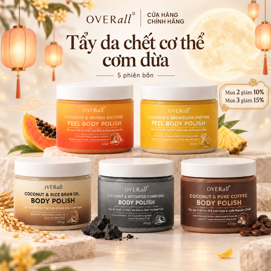 Tẩy Da Chết Cơ Thể Cơm Dừa OVERall 300g Sáng da Mờ Thâm An toàn Giảm Mụn Viêm lỗ chân lông - OVR01