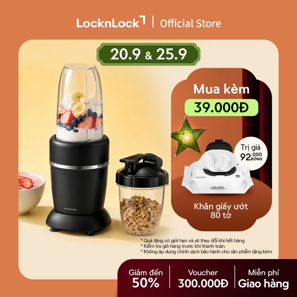 Máy xáy sinh tố LocknLock blender 2 bình đựng 950ml và 500ml xay đá chống trượt EJM452BLK