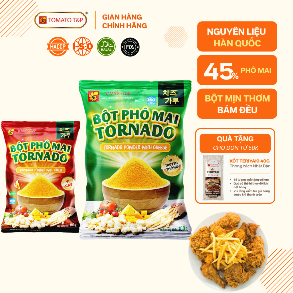 Bột Phô Mai lắc Tornado, bột phô mai Hàn Quốc dùng lắc khoai tây, tokbokki - Gói 100g- TOMATO T&P
