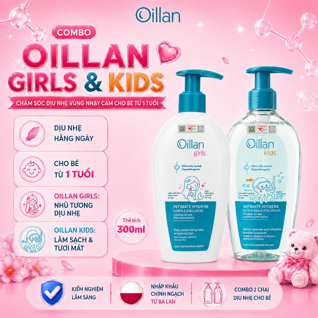 Combo Dung Dịch Vệ Sinh Cho Bé OILLAN GIRLS & OILLAN KIDS 300ML – Nhũ Tương Vệ Sinh CHUYÊN BIỆT Cho Bé Từ 1 Tuổi