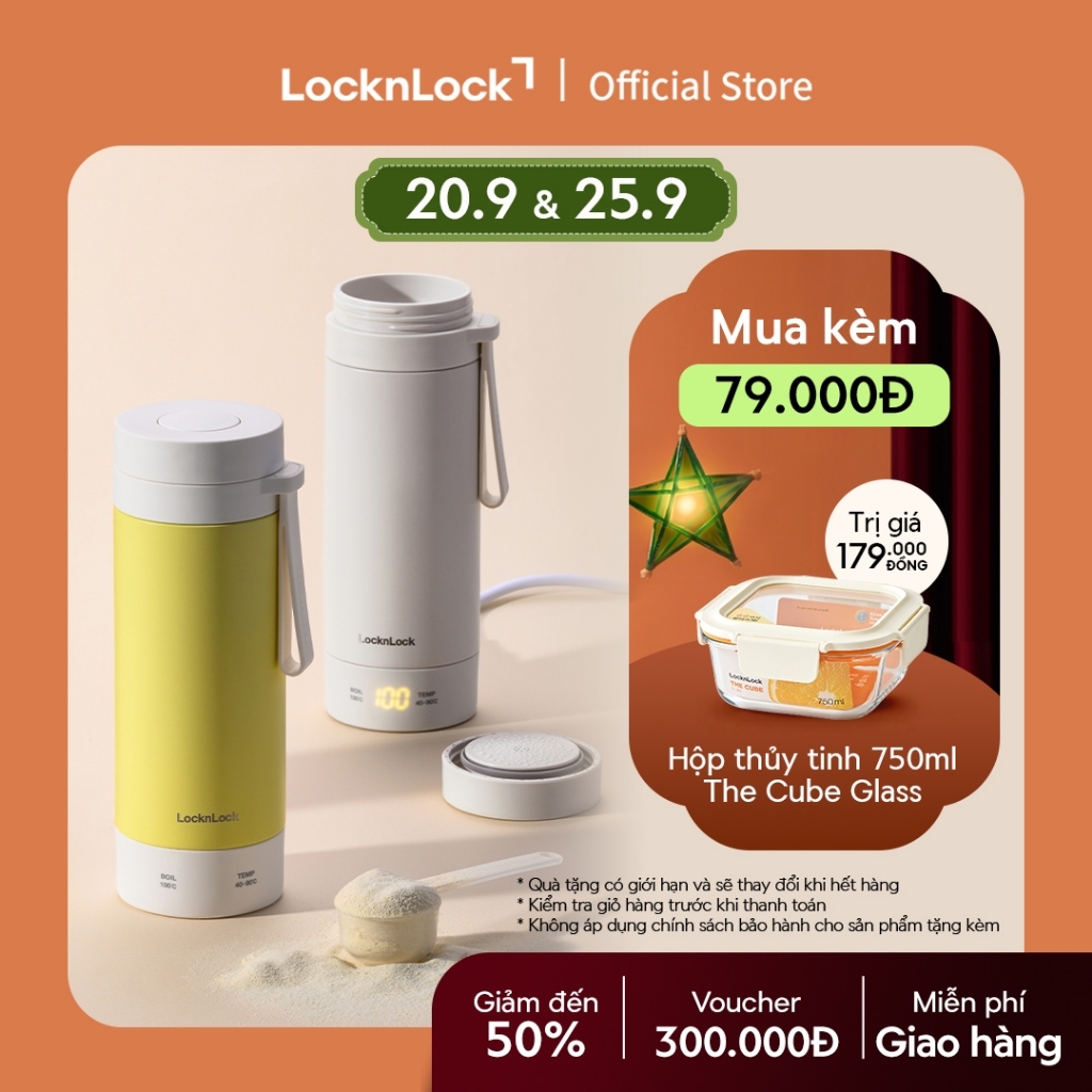 Bình đun giữ nhiệt 2 trong 1 LocknLock Heating tumbler 300ml màu vàng, ngà bằng thép không gỉ giữ ấm 8 cấp độ EJC723