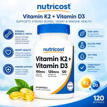Nutricost Vitamin K2 + Vitamin D3 120 Viên Nang Mềm - Bổ Sung K2 100mcg & D3 125mcg
