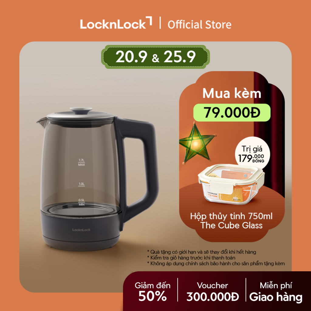 Ấm đun siêu tốc 5 mức nhiệt LocknLock Smart glow glass electric kettle 1.7L EJK276GRY