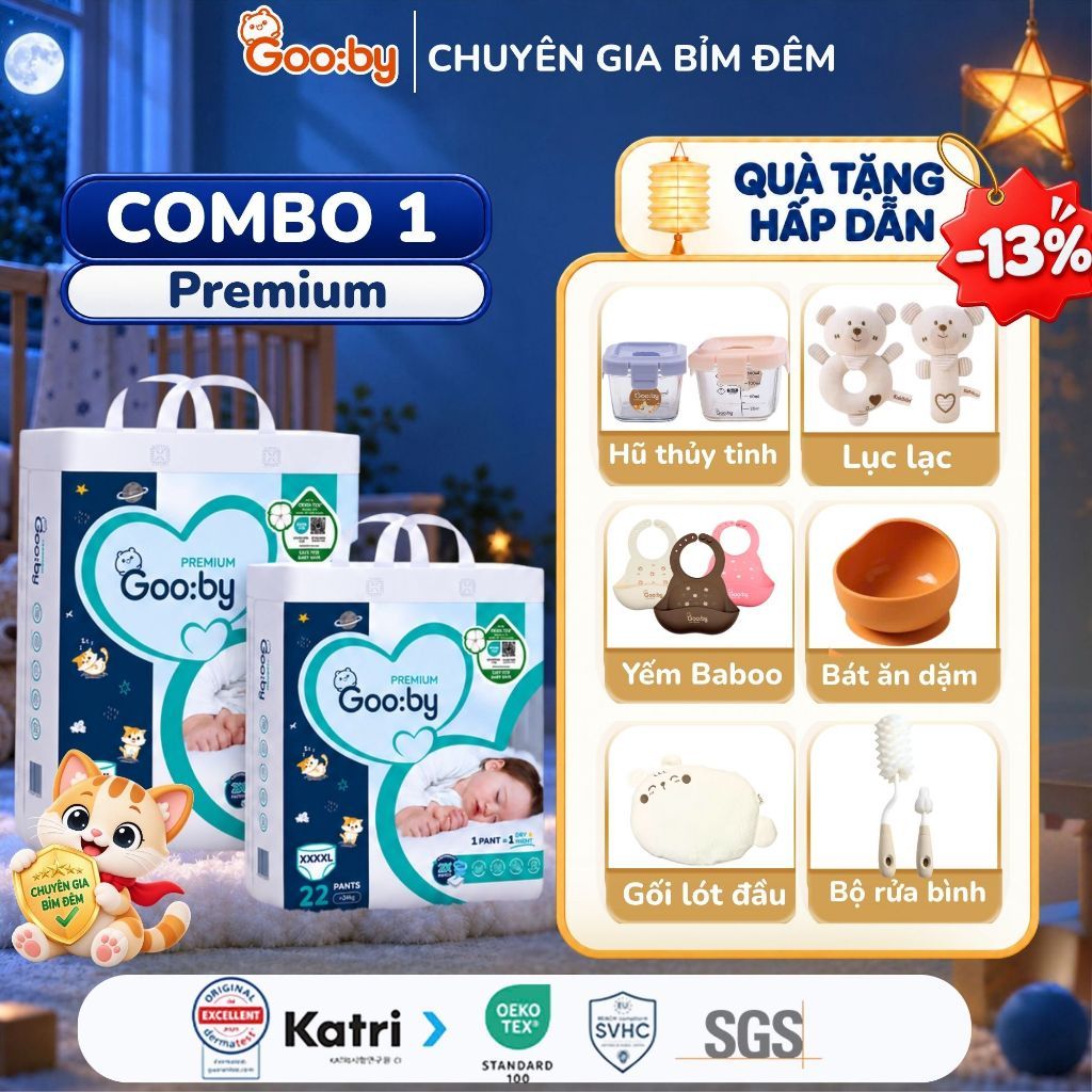 Tã/bỉm quần Gooby Premium - Chuyên gia bỉm đêm, chống trào đến 12h size M/L/XL/XXL cho bé từ 6kg - 24kg