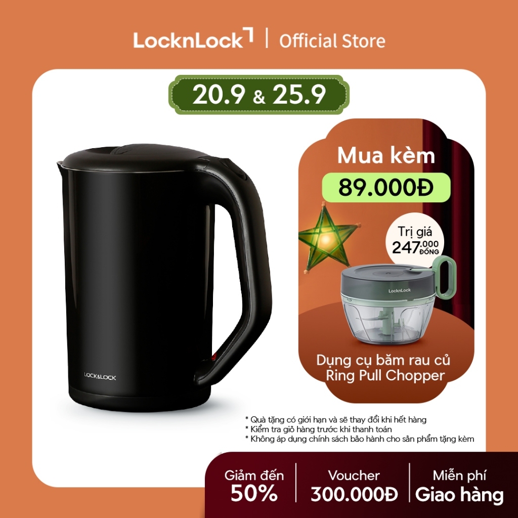 Ấm đun bằng thép không gỉ Lock&Lock, 1.7L màu đen EJK738BLK
