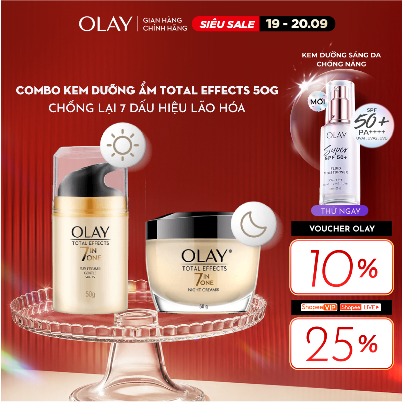 Bộ Kem Dưỡng OLAY TOTAL EFFECTS Ngày & Đêm Phục Hồi & Ngăn 7 Dấu Hiệu Lão Hóa 50G X2