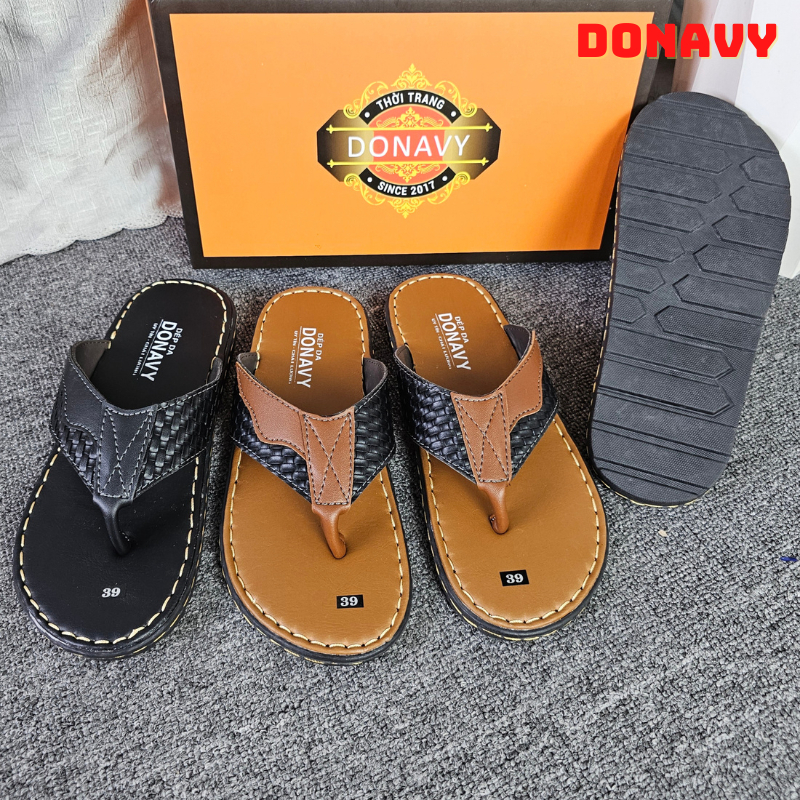 Dép Kẹp Nam Da DONAVY Cao Cấp, Kiểu Phối Quai Đặc Biệt, May Quai Chắc Chắn Bao Đi Mưa D.KST