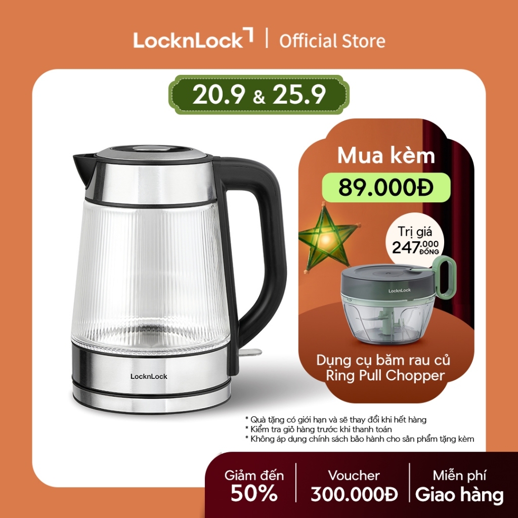 Ấm đun siêu tốc bằng thủy tinh LocknLock Glass Electric Kettle 1.8L có đèn led và lưới lọc EJK256BLK