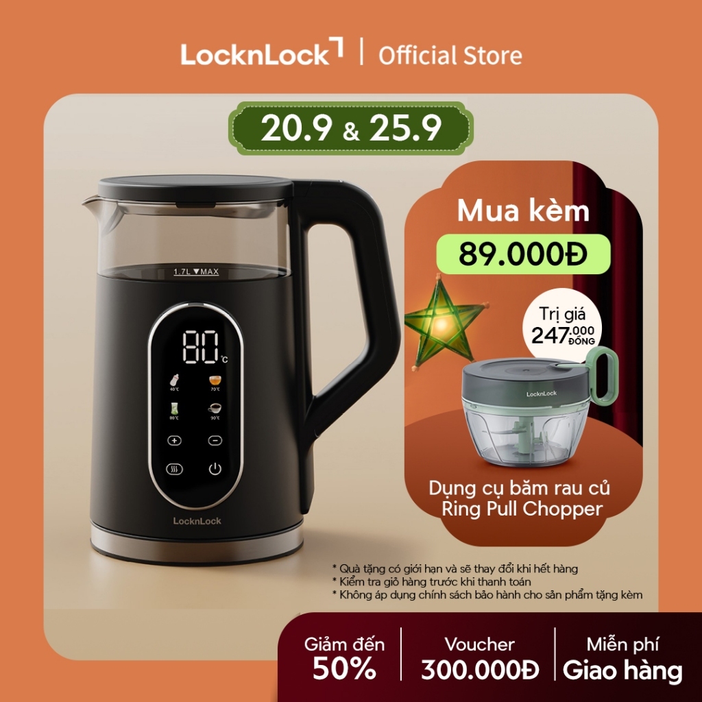 Ấm đun siêu tốc LocknLock Digital electric kettle 1.7L- Màu đen EJK286BLK 5 chế độ nhiệt, giữ ấm 2 giờ